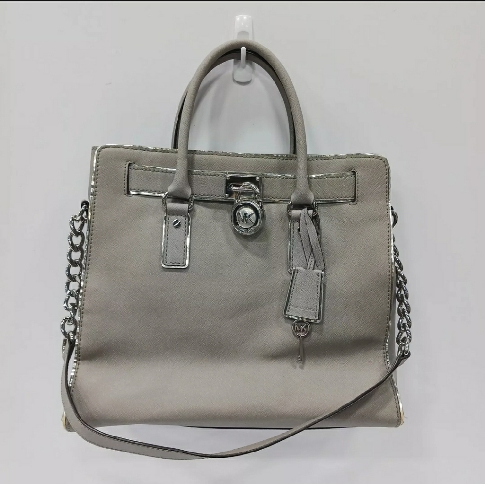 Michael Kors MK Hamilton Gray Silver Tote Handbag Purse